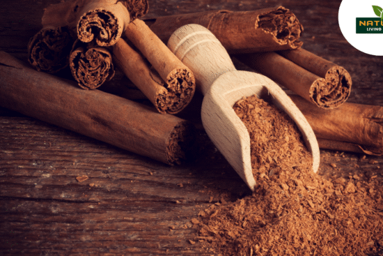 A wooden scoop filled with ground cinnamon rests beside several cinnamon sticks on a rustic wooden surface.